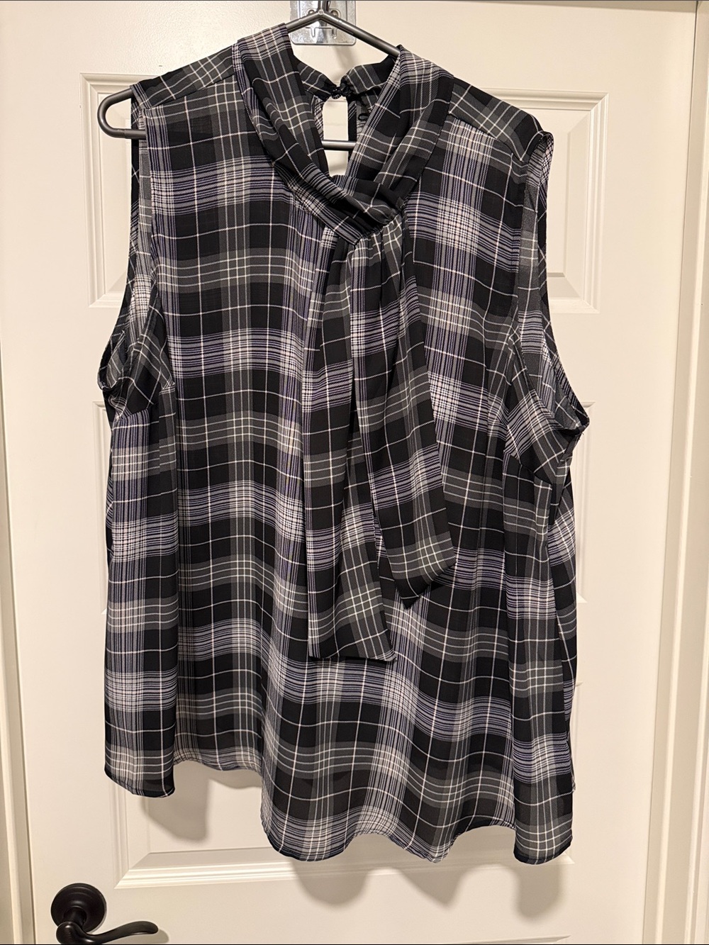 torrid Black and Gray Plaid Tie-Neck Sleeveless Blouse